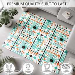 Teal Orange Navy Retro Circuit Pattern Rug Non-Slip Soft Area Carpet Bedroom Living Room Hallway Mat Decor - Made in UK - thumbnail 3