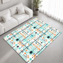 Teal Orange Navy Retro Circuit Pattern Rug Non-Slip Soft Area Carpet Bedroom Living Room Hallway Mat Decor - Made in UK - thumbnail 1
