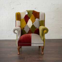 Multicoloured Velvet Patchwork Chesterfield Wingback Chair, High Back Fireside Armchair, British Handmade - thumbnail 3