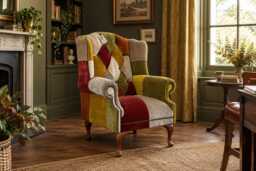 Multicoloured Velvet Patchwork Chesterfield Wingback Chair, High Back Fireside Armchair, British Handmade - thumbnail 1