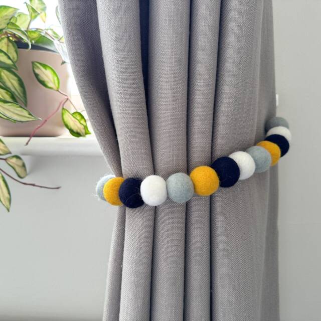 Mustard & Grey Felt Ball Curtain Tie Backs - Pom Hold Custom Ties Nursery Decor Baby Gift Colourful Pull - image 1