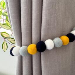 Mustard & Grey Felt Ball Curtain Tie Backs - Pom Hold Custom Ties Nursery Decor Baby Gift Colourful Pull - thumbnail 2