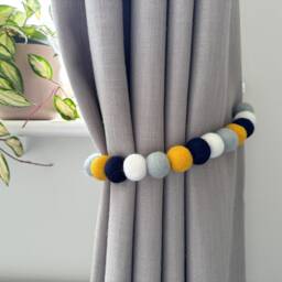 Mustard & Grey Felt Ball Curtain Tie Backs - Pom Hold Custom Ties Nursery Decor Baby Gift Colourful Pull - thumbnail 1