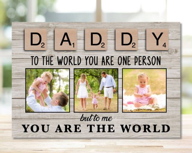 Daddy Gift From Child, Custom Photo Frame Woodblock, Bespoke For Daddy, Scrabble Tile Design, Dad Birthday Or Father's Day - image 1