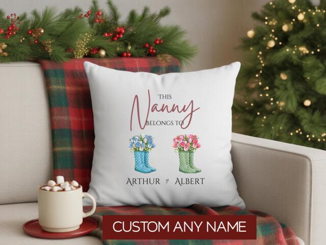 Personalised This Nanny Belongs To Cushion, Wellie Boots, Nana Christmas Gift, Present From Grandchildren, Nan, Grandkids - image 1