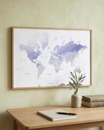 Lavender Watercolor World Map Print - Muted Purple & Blue Wall Art With Cities Travel Gift - thumbnail 1