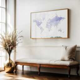 Lavender Watercolor World Map Print - Muted Purple & Blue Wall Art With Cities Travel Gift - thumbnail 2