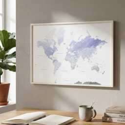 Lavender Watercolor World Map Print - Muted Purple & Blue Wall Art With Cities Travel Gift - thumbnail 3