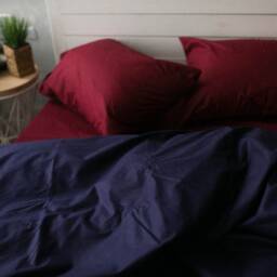 Cotton Bedding Set Of 5 Pieces in Wine Red & Blue. Flat Sheet, Fitted Duvet Cover + 2 Pillowcases. Twin Full Queen Au Eu Bed Linen
