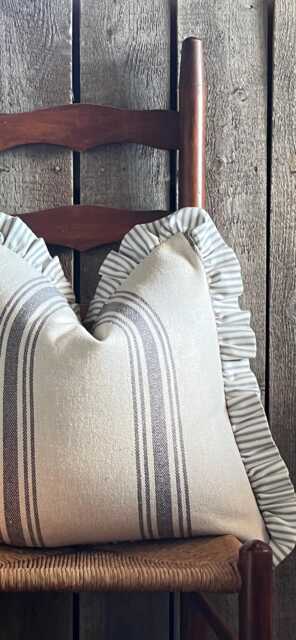 Grain Sack Ruffled Pillow Cover - French Farmhouse Country Striped Front Solid Beige Back Zipper Closure - image 1