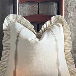 Grain Sack Ruffled Pillow Cover - French Farmhouse Country Striped Front Solid Beige Back Zipper Closure - thumbnail 2