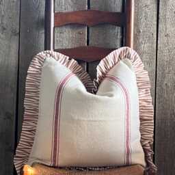 Grain Sack Ruffled Pillow Cover - French Farmhouse Country Striped Front Solid Beige Back Zipper Closure - thumbnail 4