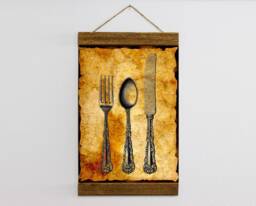Vintage Cutlery Set Kitchen Wall Canvas Print Wood Frame Included Art Dining Room Decor, Ready To Hang - thumbnail 1