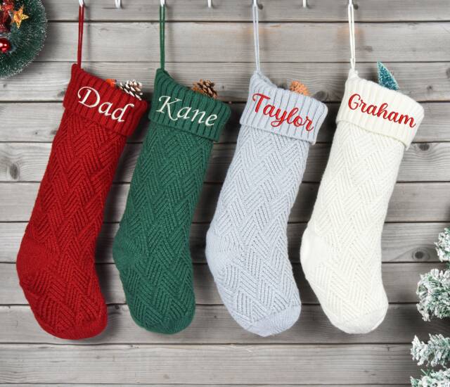 Personalized Knitted Christmas Stocking, Embroidered Family Name, Holiday Decor - image 1