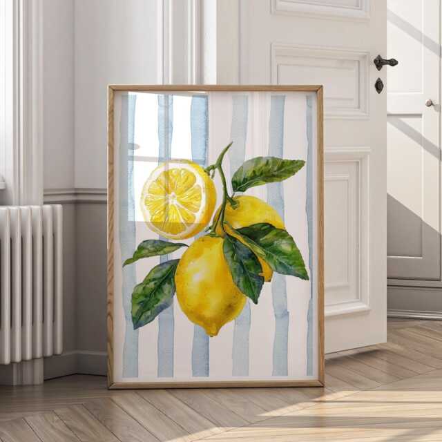 Watercolour Lemon Print - Italian Fruit Wall Art With Blue Stripes, Mediterranean Kitchen Decor, Coastal Botanical Poster, Summer Aesthetic