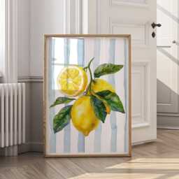 Watercolour Lemon Print - Italian Fruit Wall Art With Blue Stripes, Mediterranean Kitchen Decor, Coastal Botanical Poster, Summer Aesthetic - thumbnail 1