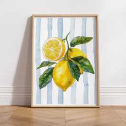 Watercolour Lemon Print - Italian Fruit Wall Art With Blue Stripes, Mediterranean Kitchen Decor, Coastal Botanical Poster, Summer Aesthetic - thumbnail 2