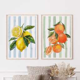 Watercolour Lemon Print - Italian Fruit Wall Art With Blue Stripes, Mediterranean Kitchen Decor, Coastal Botanical Poster, Summer Aesthetic - thumbnail 3