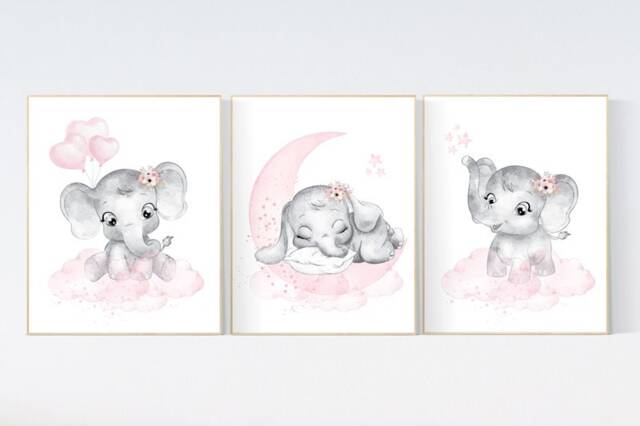 Elephant Nursery Art Print Pink & Gray Moon, Stars, Balloons - image 1