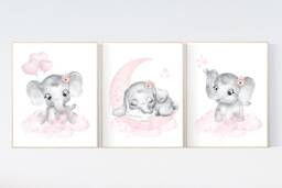 Elephant Nursery Art Print Pink & Gray Moon, Stars, Balloons - thumbnail 1