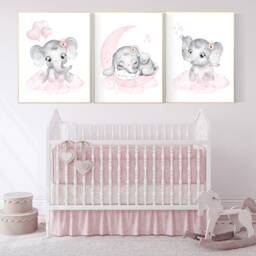 Elephant Nursery Art Print Pink & Gray Moon, Stars, Balloons - thumbnail 2