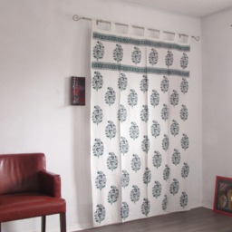 Hand Block Printed Cotton Tab Top Curtains, Loop Curtains, Boho , Bohemian Floral Print, Green, Blue Shades