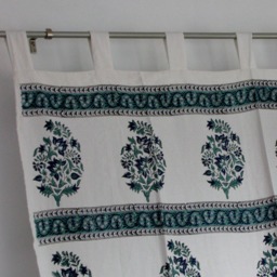 Hand Block Printed Cotton Tab Top Curtains, Loop Curtains, Boho , Bohemian Floral Print, Green, Blue Shades - thumbnail 3