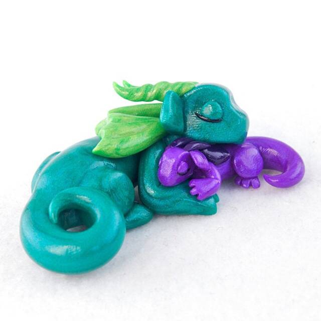 Customizable Sleeping Parent & Baby Dragon Figurine Polymer Clay Sculpture, Pick Your Colors Pose - image 1