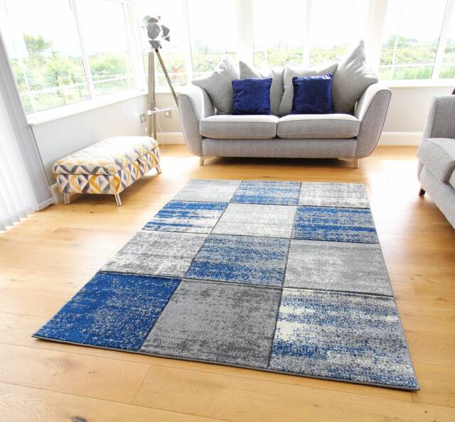 New Navy Silver Grey Cream Rugs Small Large Mats Modern Blocks Design UK