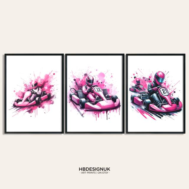 Go Kart Girl Print - Set Of 3 Karting Posters - Room Decor Art Prints Girls Bedroom Wall Pink Driver Gifts - image 1