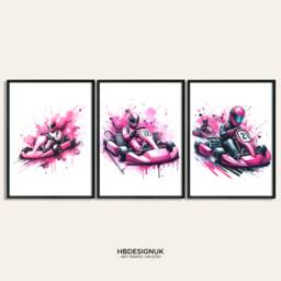 Go Kart Girl Print - Set Of 3 Karting Posters - Room Decor Art Prints Girls Bedroom Wall Pink Driver Gifts - thumbnail 1