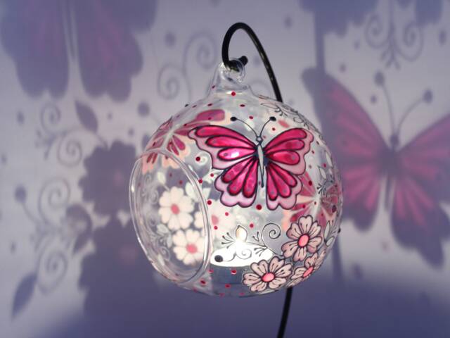 Hand Painted Pink Butterfly Candle Holder Stained Glass Tea Light - image 1