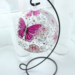 Hand Painted Pink Butterfly Candle Holder Stained Glass Tea Light - thumbnail 3