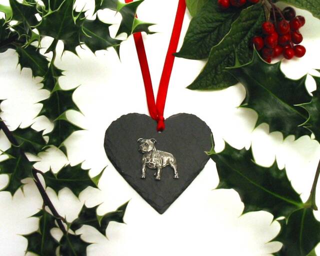Staffordshire Bull Terrier Natural Slate Heart - 2026 Christmas Decoration Hanging Ornament Staffie Mum Gift Pet Dog - image 1