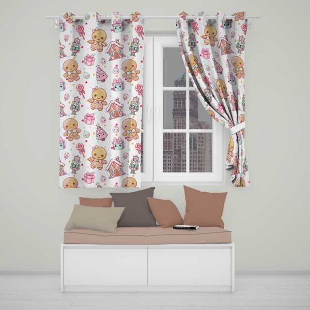 Cute Gingerbread Girl Candy House Sweets Grey Background Seamless Pattern Readymade Eyelet Ring Top Thermal 100% Blackout Curtains - image 1