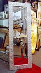Full Length Wall Mirror Wood Square Mosaic Design Frame Antique White Silver Colour Bevelled Edge 132x46cm - 52x18 Inches Tall - thumbnail 1