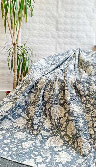 Kantha Stitch Pure Cotton Reversible Bed Sofa Picnic Kids Room Throw Single Twin - Handprinted Dohar Minimal Japanese White Grey Floral - image 1