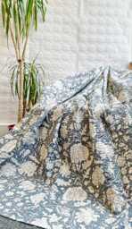 Kantha Stitch Pure Cotton Reversible Bed Sofa Picnic Kids Room Throw Single Twin - Handprinted Dohar Minimal Japanese White Grey Floral - thumbnail 1