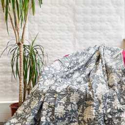 Kantha Stitch Pure Cotton Reversible Bed Sofa Picnic Kids Room Throw Single Twin - Handprinted Dohar Minimal Japanese White Grey Floral - thumbnail 2