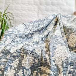 Kantha Stitch Pure Cotton Reversible Bed Sofa Picnic Kids Room Throw Single Twin - Handprinted Dohar Minimal Japanese White Grey Floral - thumbnail 3