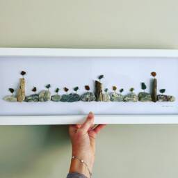 Cornish Sea Glass Birds On Pebbles & Driftwood Framed Wall Art Green/Brown Panoramic Picture Handmade in Cornwall - thumbnail 2