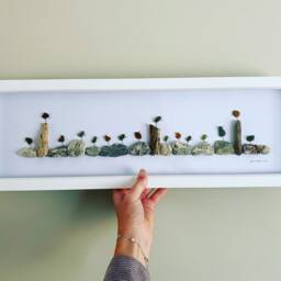 Cornish Sea Glass Birds On Pebbles & Driftwood Framed Wall Art Green/Brown Panoramic Picture Handmade in Cornwall - thumbnail 3
