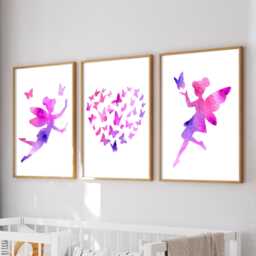 Watercolor Fairy Prints Pink Butterfly Nursery Decor, Set Of 3 - thumbnail 1