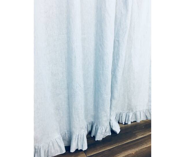 Blue White Ticking Striped Linen Shower Curtain With Ruffle Hem, Extra Long Curtain, Custom Size Bathroom - image 1