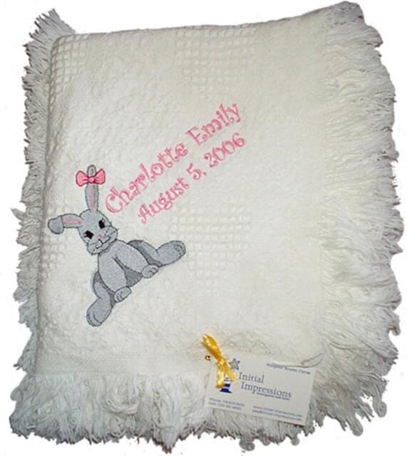 White Cotton Baby Afghan Blanket With Bunny Bow Embroidered & Personalized For Easter