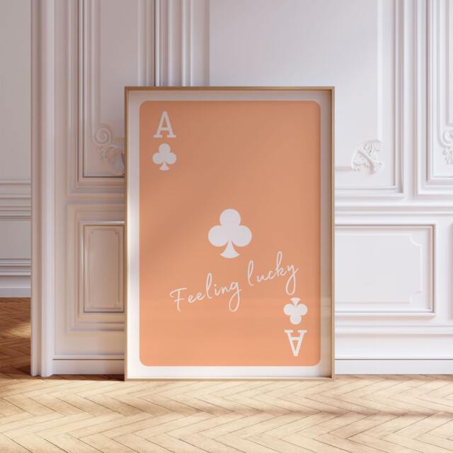 Lucky Girl Playing Card Print Trendy Orange Wall Art