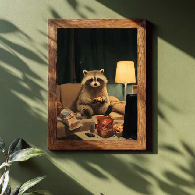 Raccoon Art Print, Funny Animal Poster, Pizza Lover Gift, Goblin Mode Decor, Cute Trash Panda, Cosy Night in Wall Art, Student Dorm - image 1