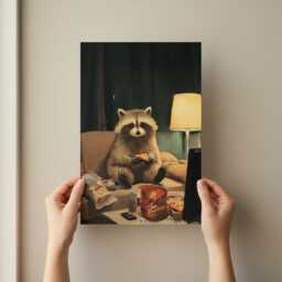 Raccoon Art Print, Funny Animal Poster, Pizza Lover Gift, Goblin Mode Decor, Cute Trash Panda, Cosy Night in Wall Art, Student Dorm - thumbnail 2
