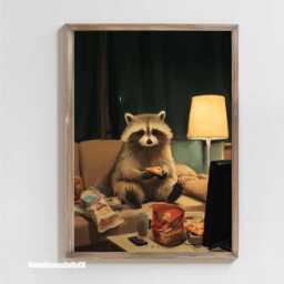 Raccoon Art Print, Funny Animal Poster, Pizza Lover Gift, Goblin Mode Decor, Cute Trash Panda, Cosy Night in Wall Art, Student Dorm - thumbnail 3