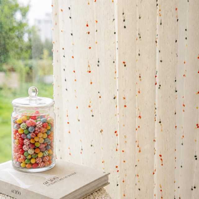 Tufted Dot Sheer Curtains, White Pom Boho Nursery Drapes, Living Room Polyester Panels - image 1